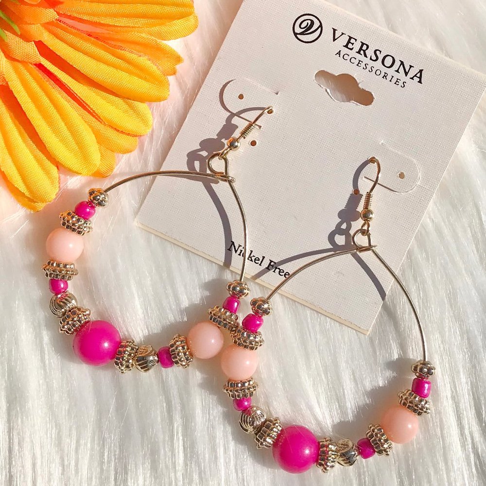 Boho Earrings Pink & Peach Gold Large Hoop Dangles